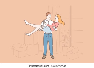 Happy moving, young couple living together, just married buying real estate concept. Boyfriend holding girlfriend in hands at new house, newlyweds relocating and have fun. Simple flat vector