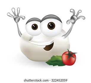 Happy mozzarella. A cute and funny mozzarella cartoon character with a big smile on a white background, joyfully waving hands, with raised arms.