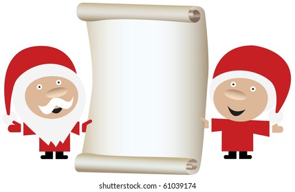 Happy mr. and mrs. Santa Claus holding a blank vintage paper roll for text or wishes isolated on white background.