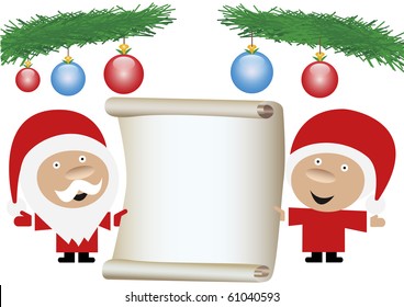 Happy mr. and mrs. Santa Claus holding a blank vintage paper roll for text or wishes with blue and red glass balls hanging from fir spruce branches isolated on white background.