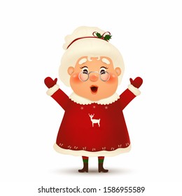 Happy Mrs. Claus cartoon character isolated on white background. Christmas Cute, Cheerful, funny wife Mrs Claus waving hands and greeting. Mrs Claus for winter and new year winter holidays. vector.