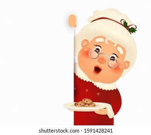 Happy Mrs. Claus cartoon character standing behind  a blank sign with cookies, showing on big blank sign with falling snow. Cute, cheerful Mrs. Claus with white copy space. vector illustration.