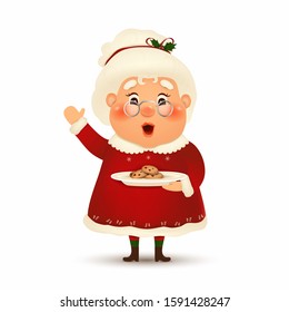 Happy Mrs. Claus cartoon character isolated on white background. Christmas Cute wife Mrs Claus waving hands and greeting with cookies. Mrs Claus for winter and new year winter holidays. vector.