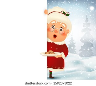 Happy Mrs. Claus cartoon character standing behind a blank sign with cookies, showing on big blank sign with falling snow. Cute, cheerful Mrs. Claus with white copy space. vector illustration.