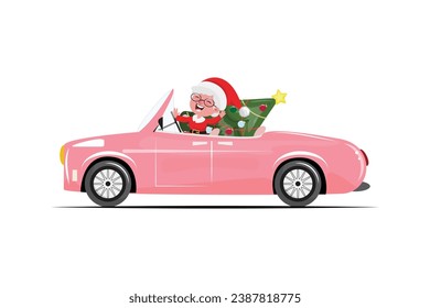 Happy Mrs Claus waving and transporting decorated Christmas tree in the pink car