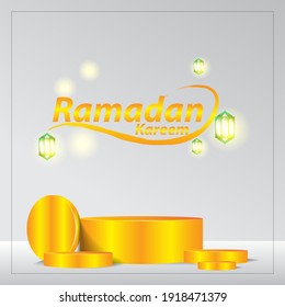 Happy mubarak ramadan kareem background with realistic lantern and 3d podium gold colour Free Vector