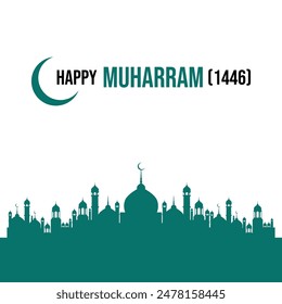 Happy Muharram 1446 Gift Card and Social Media Post Design. Islamic New Year And Muharram Design Template. Editable EPS file with a Mosque and Moon.