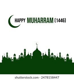 Happy Muharram 1446 Gift Card and Social Media Post Design. Islamic New Year And Muharram Design Template. Editable EPS file with a Mosque and Moon.