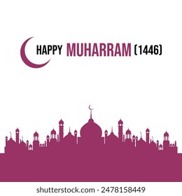 Happy Muharram 1446 Gift Card and Social Media Post Design. Islamic New Year And Muharram Design Template. Editable EPS file with a Mosque and Moon.