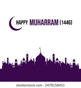 Happy Muharram 1446 Gift Card and Social Media Post Design. Islamic New Year And Muharram Design Template. Editable EPS file with a Mosque and Moon.