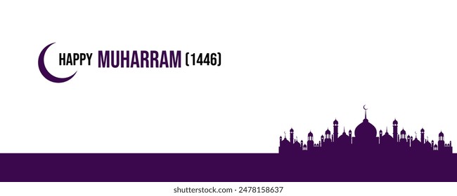 Happy Muharram 1446 Gift Card and Banner Design. Islamic New Year And Muharram Design Template. Editable EPS file with a Mosque and Moon.