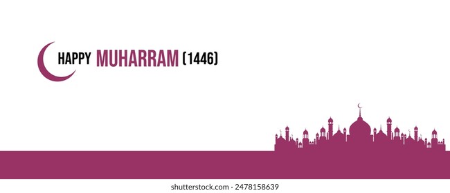 Happy Muharram 1446 Gift Card and Banner Design. Islamic New Year And Muharram Design Template. Editable EPS file with a Mosque and Moon.