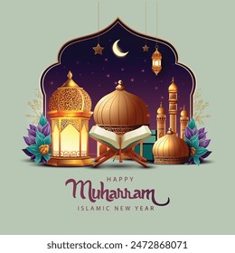 happy Muharram art greetings with golden mosque and brown background wallpaper. abstract vector illustration design.