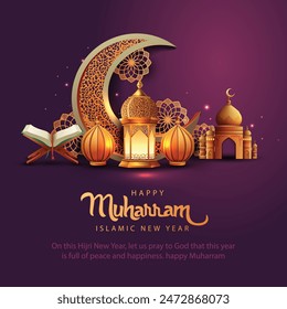 happy Muharram art greetings with golden mosque background wallpaper. abstract vector illustration design.