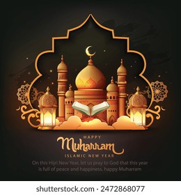 happy Muharram art greetings with golden mosque and brown background wallpaper. abstract vector illustration design.