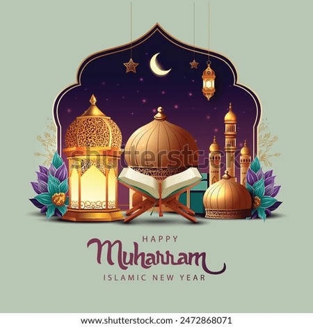 happy Muharram art greetings with golden mosque and brown background wallpaper. abstract vector illustration design.