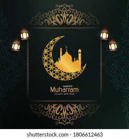 Happy Muharram background design with golden crescent moon