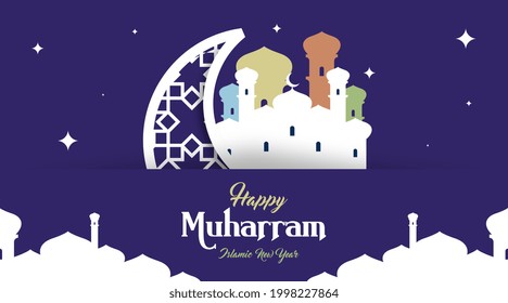 Happy Muharram Hintergrund-Vektorgrafik. Muharram ist der erste Monat im islamischen Kalender. 