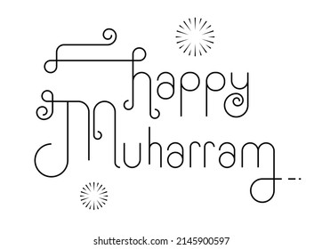 Felices leyendas muharram aisladas en fondo blanco con algunos crackers chispeando imagen vectorial.