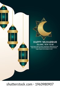 Happy muharram celebration party flyer with vector pattern golden moon and lantern