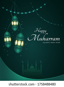 Happy Muharram Design Concept with Elegant Lanterns for Greeting Card, Poster or Banner
