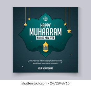 Happy Muharram greeting cad social media post template design with ster and Islamic lantern 