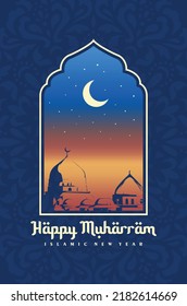 Happy Muharram greeting card to celebrate Hijri new year with view of the mosque in the afternoon illustration.