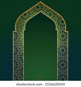 Happy Muharram greeting with glowing mosque gate design and Islamic background