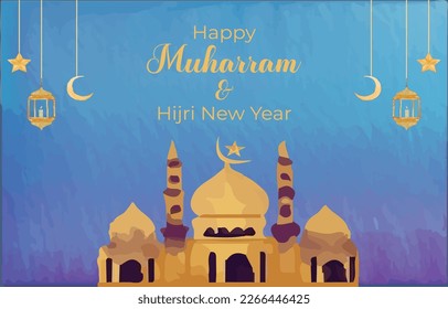 Happy Muharram and Hijri New Year card design with watercolor mosque stars lamp moon background vector illustration