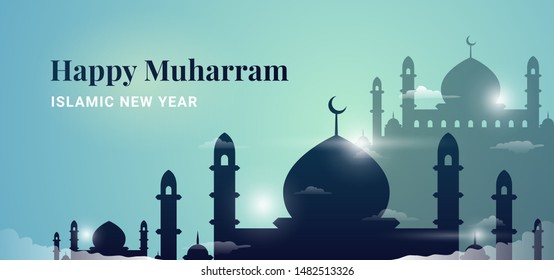 Happy Muharram Islamic New Hijri year background design. Great mosque above the cloud with holy light effect. Muslim community festival backdrop banner template.