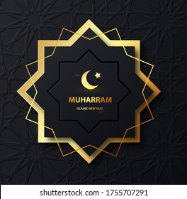 Happy muharram islamic new hijri year background. Crescent moon at dark background. Muslim community festival backdrop banner template design