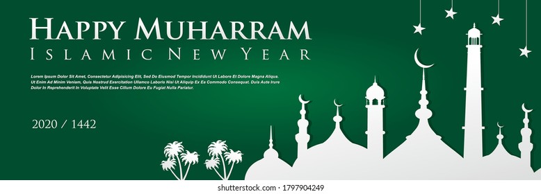 Happy muharram islamic new hijri year 1442 With Mosque and stars on green background, Islamic new year banner, vector illustration.