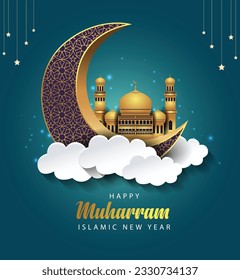 Happy muharram islamic new hijri year black background. abstract vector illustration design