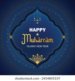 Happy Muharram Islamic New Hijri Year blue background. Modern abstract vector illustration template design
