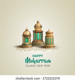 happy muharram islamic new year card design with three gold lanterns