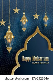 Happy Muharram, the Islamic New Year, new Hijri year design with gold pattern on paper color backgroung 