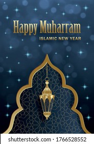 Happy Muharram, the Islamic New Year, new Hijri year design with gold pattern on paper color backgroung 