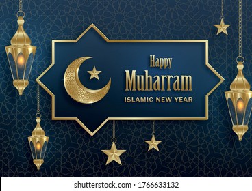 Happy Muharram, the Islamic New Year, new Hijri year design with gold pattern on paper color backgroung 