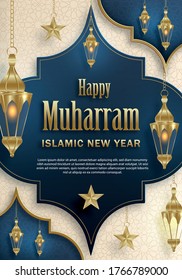 Happy Muharram, the Islamic New Year, new Hijri year design with gold pattern on paper color backgroung 
