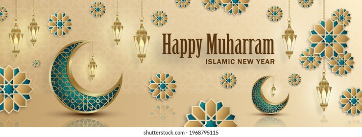 Happy Muharram, the Islamic New Year, new Hijri year design with gold pattern on paper color backgroung 