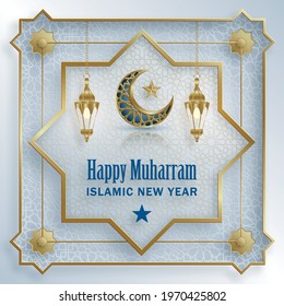 Happy Muharram, the Islamic New Year, new Hijri year design with gold pattern on paper color backgroung 