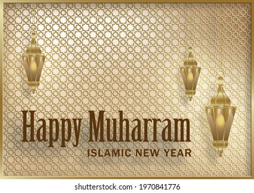 Happy Muharram, the Islamic New Year, new Hijri year design with gold pattern on paper color backgroung 