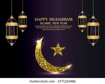 Happy muharram islamic new year with golden moon and lantern