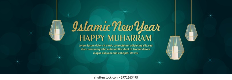Happy muharram islamic new year vector illustration and background with creative candle lantern