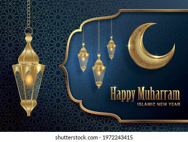 Happy Muharram, the Islamic New Year, new Hijri year design with gold pattern on paper color backgroung 