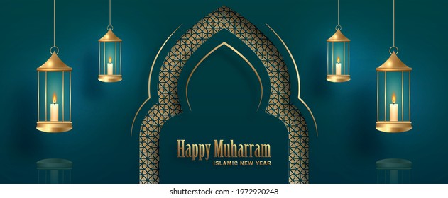 Happy Muharram, the Islamic New Year, new Hijri year design with gold pattern on paper color background