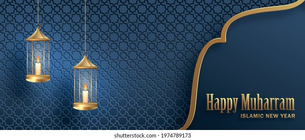 Happy Muharram, the Islamic New Year, new Hijri year design with gold pattern on paper color backgroung 