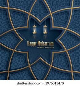 Happy Muharram, the Islamic New Year, new Hijri year design with gold pattern on paper color backgroung 