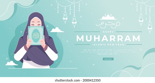 happy muharram islamic new year banner design arabic lettering means islamic new year