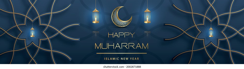 Happy Muharram, the Islamic New Year, new Hijri year design with gold pattern on paper color backgroung 